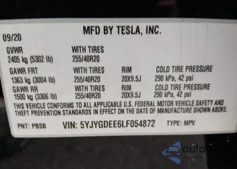 2020 Tesla Model Y Long Range Dual Motor All-Wheel Drive z USA, uszkodzony, nr VIN 5YJYGDEE6LF054872